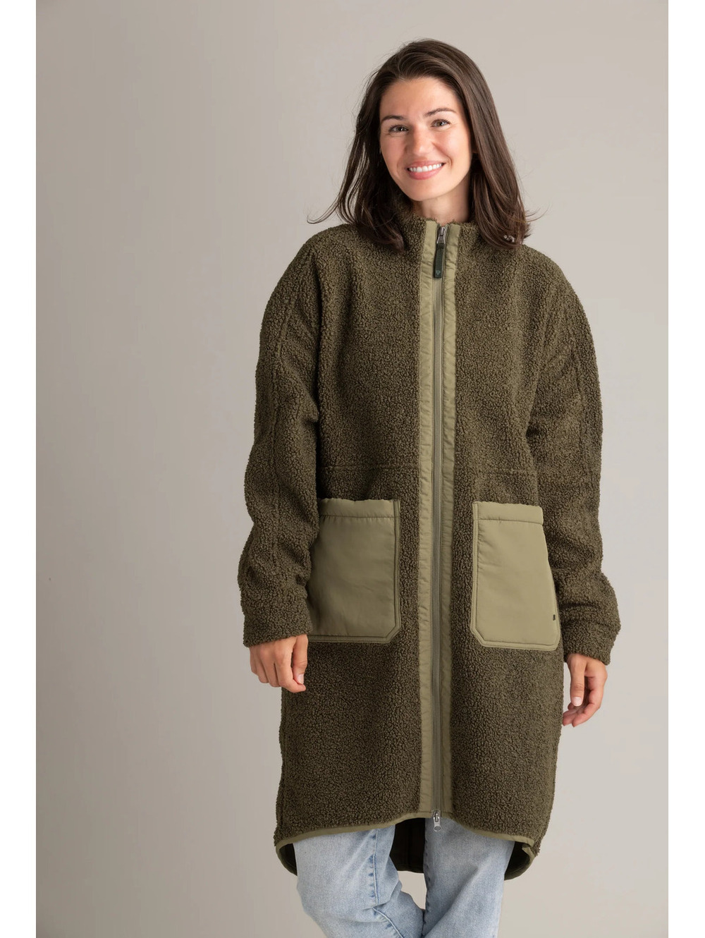 LIV OUTDOOR Cori Boucle Long Coat - Olive Green - Sherpa Fleece - Size Small